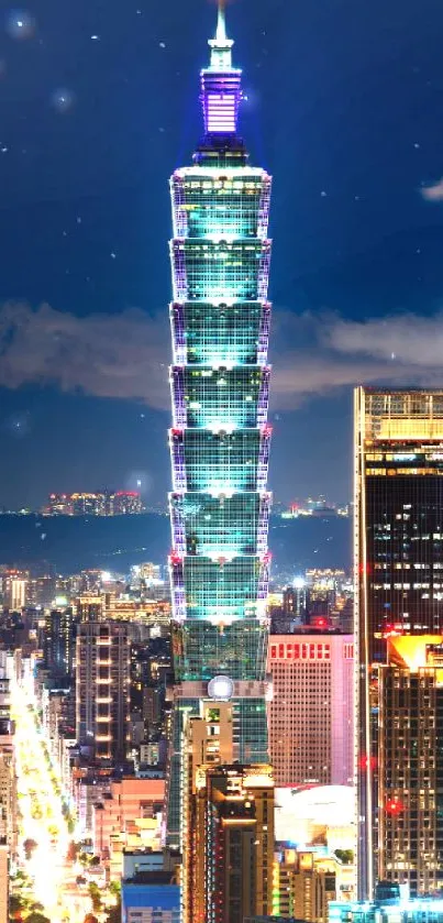 City skyline at night with illuminated skyscrapers and vibrant lights.