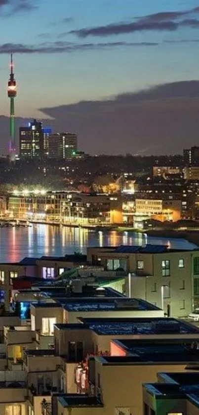 Vibrant city skyline at night with illuminated buildings.