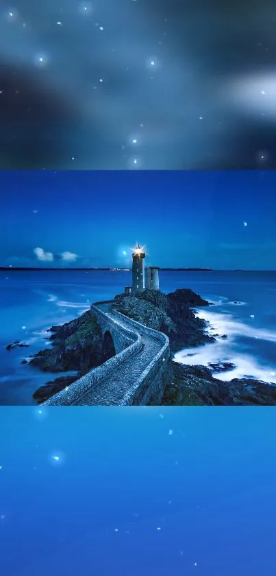 Lighthouse overlooking a starry ocean night view.