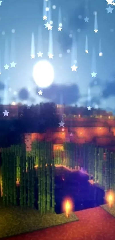 Minecraft night scene with glowing torches and a vibrant sky.