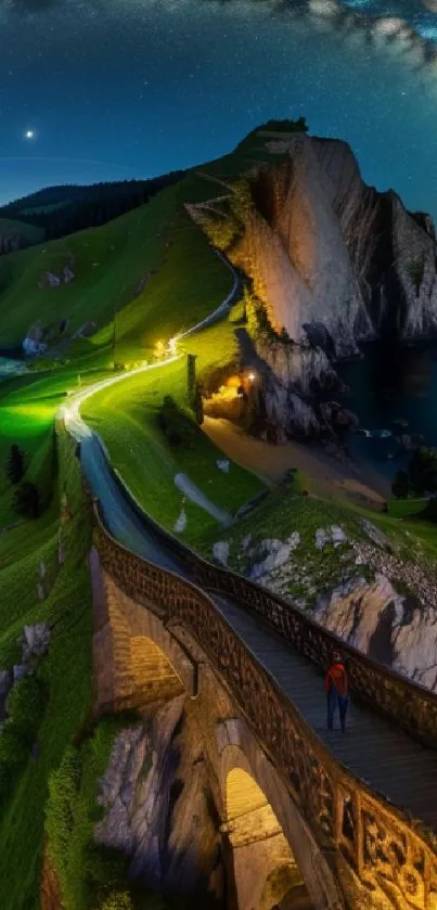 Scenic wallpaper of a nighttime lit mountain path and starry sky.