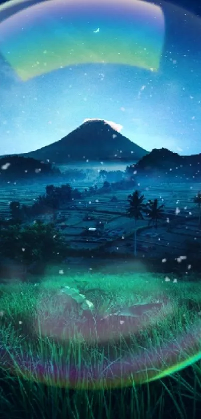 Nighttime mountain with bubble overlay.