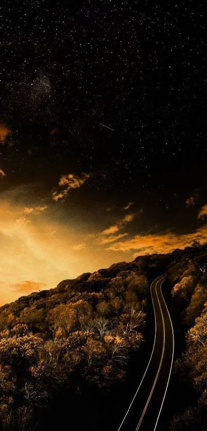 A road leading into the starry night sky with golden hues.