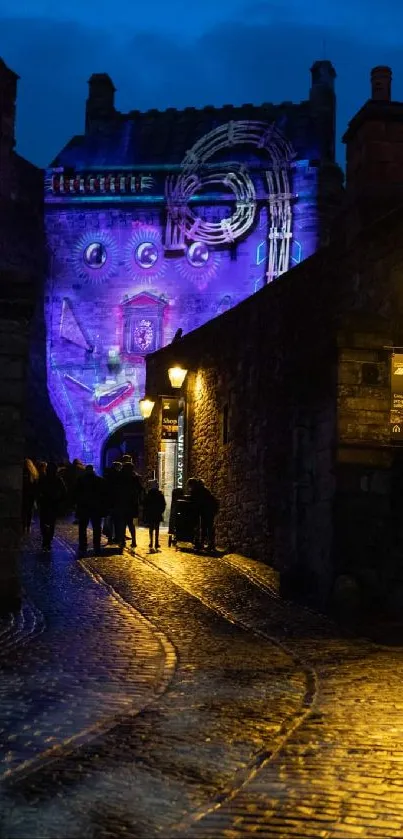 Nighttime street scene with glowing lights and cobblestones.