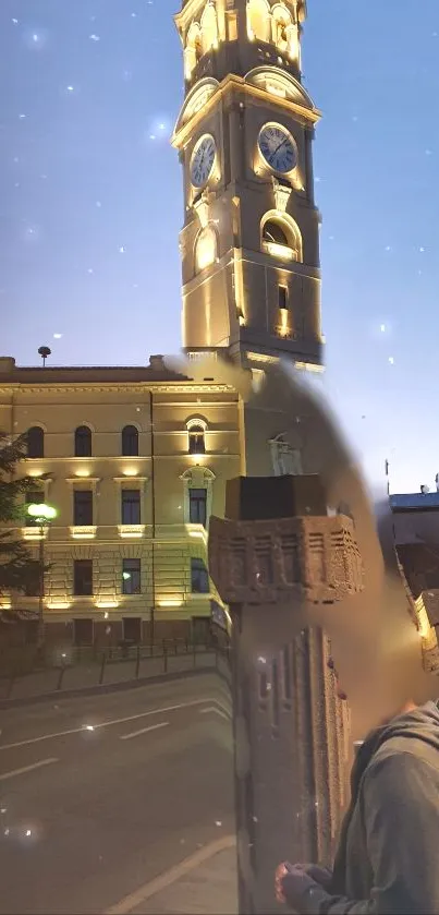 Illuminated clock tower against a twilight sky background.