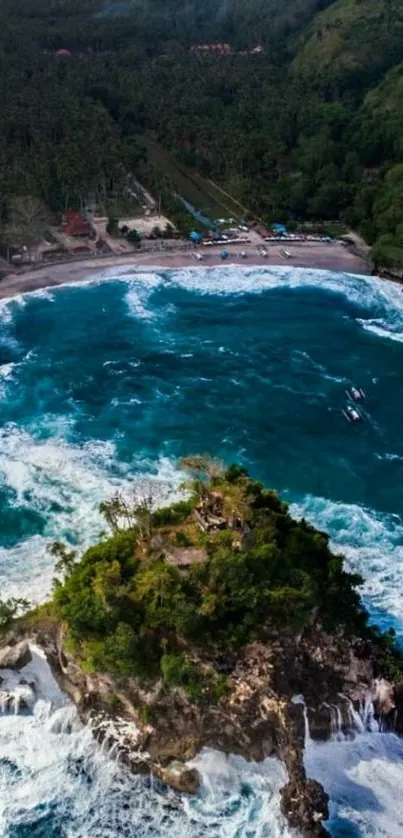 Aerial view of a rocky island with turquoise waves and lush greenery.