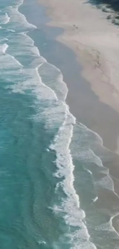 Aerial view of a serene ocean beach with gentle waves and sandy shores.