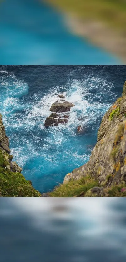 Ocean cliff view with blue waters and rugged rocks.