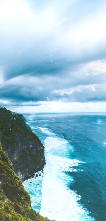 Scenic view of ocean waves and cliffs under a moody sky.