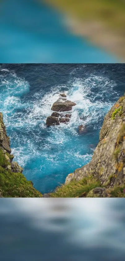 A stunning ocean cliff scene with waves crashing between rocky cliffs.