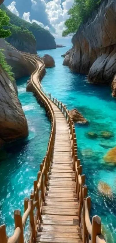 Scenic view of a wooden bridge over turquoise waters with cliffs.