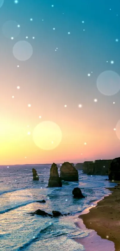 Scenic ocean sunset with vibrant sky and rock formations.