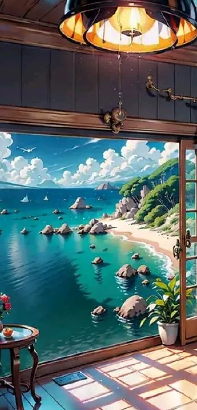 Scenic ocean view from a cozy room with vibrant blue sea.