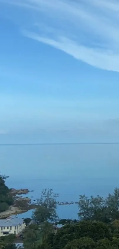 Scenic view of a calm ocean and blue sky from a coastal vantage point.