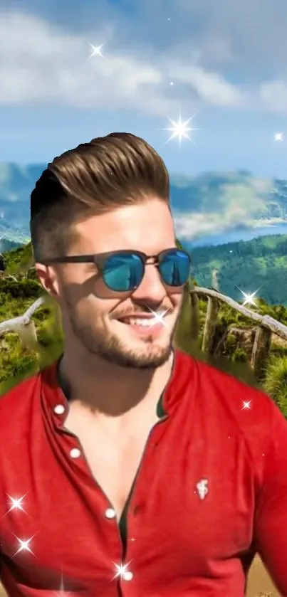 Man in red shirt with mountain backdrop, sparkling in the sun.