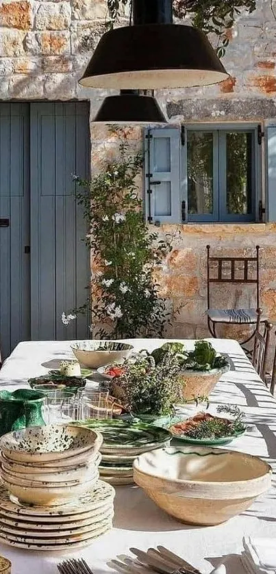 Rustic outdoor dining setup with stone wall and tableware.