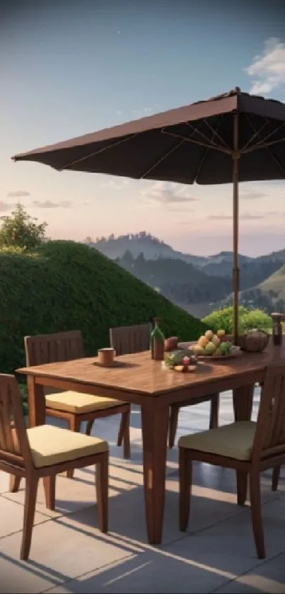 Outdoor dining area with mountains and greenery