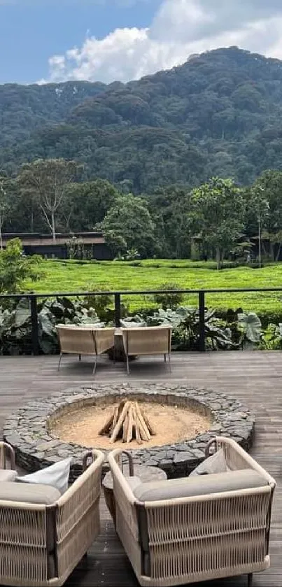 Outdoor lounge area with scenic mountain and greenery view.