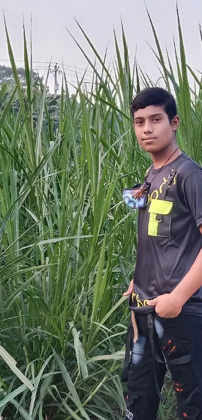 Young man standing in lush green field under a calm sky.