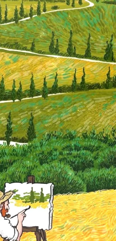 Painter capturing a vibrant landscape on a sunny day with lush green fields.