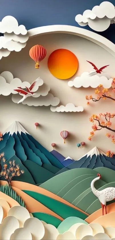 Colorful paper art landscape with mountains and hot air balloons.