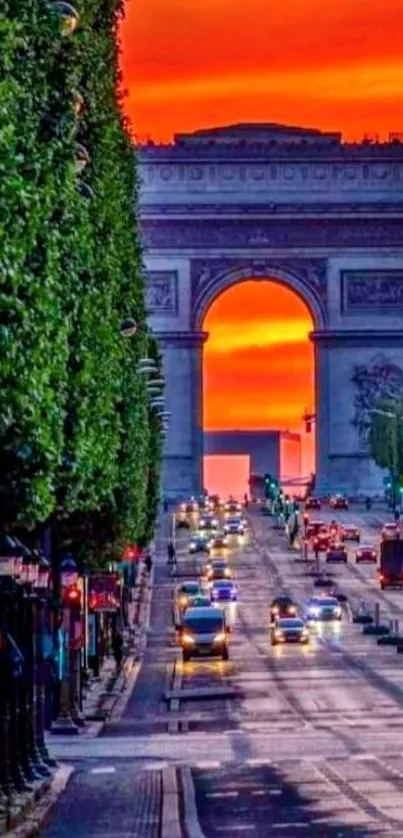 Paris sunset with Arc de Triomphe and vibrant sky.