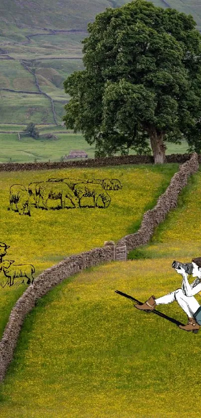 Illustrated photographer in lush field with sheep sketches and a large tree.