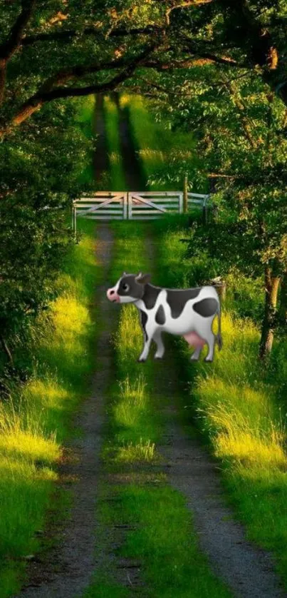 Mobile wallpaper of a scenic green path with a cow emoji.