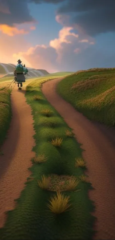 Traveler walking along grassy path at sunset in serene landscape.