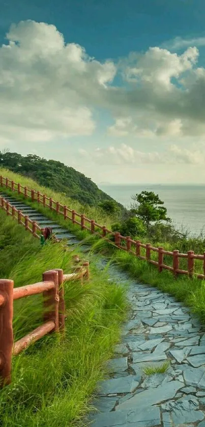 Scenic pathway with lush greenery and ocean view.