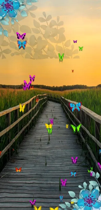 Sunset over a path with vibrant butterflies and flowers.