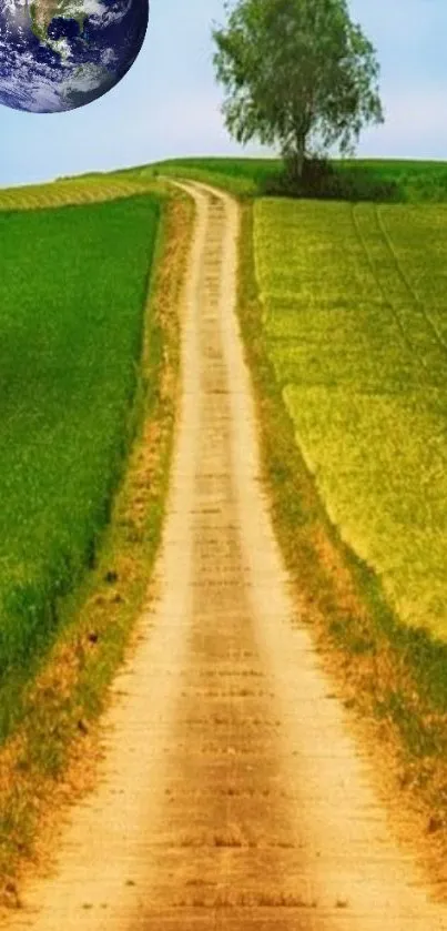 Path through green fields with earth in the sky.