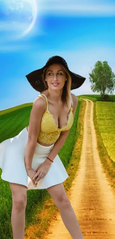 Model in stylish attire on a scenic pathway.