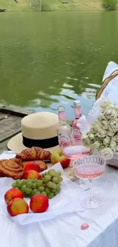 Lakeside picnic with fruits, flowers, and a serene water view.