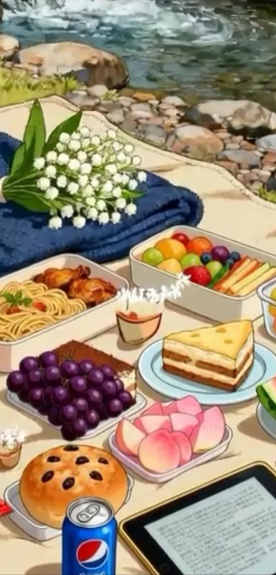 Scenic picnic set by a serene river.