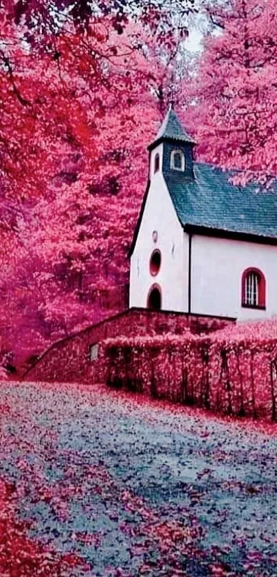 Charming pink forest path with serene chapel under vibrant autumn foliage.