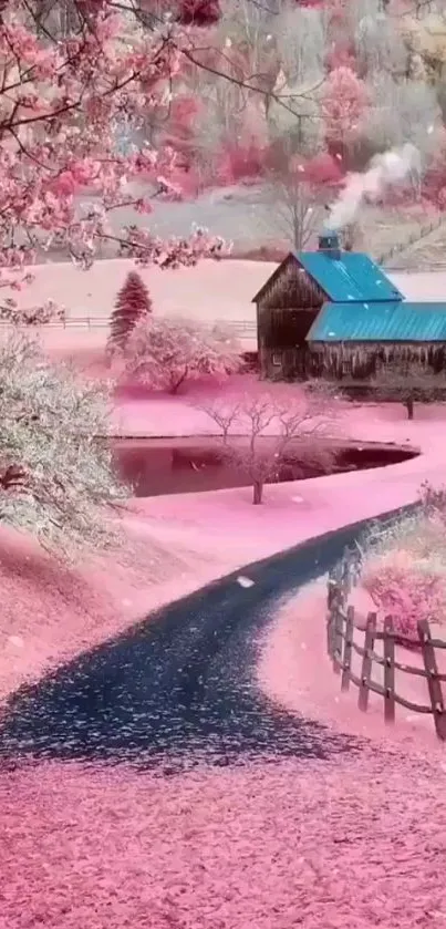 A scenic pink landscape with a rustic barn and winding road.