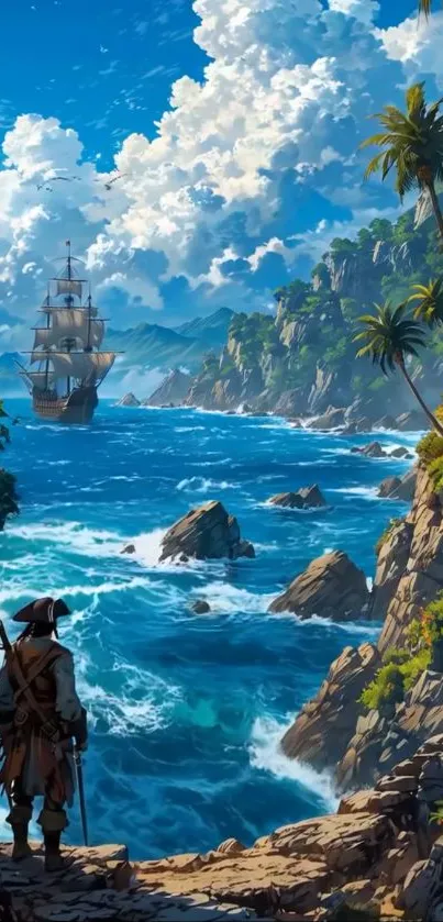 Pirate stands on rocky coast overlooking ship at sea under blue sky.