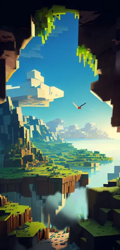 Pixel art cave scene with landscape and sky.