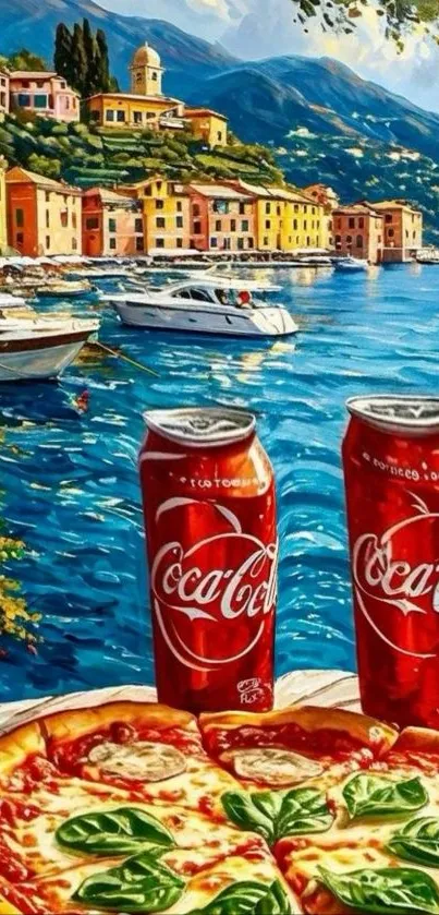 Vibrant coastal scene with pizza and Cola in the foreground.