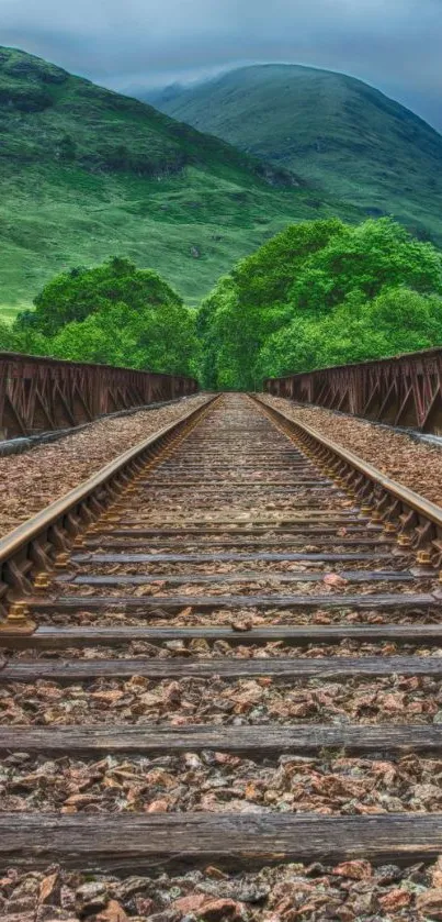 Scenic railway through green hills under a blue sky.