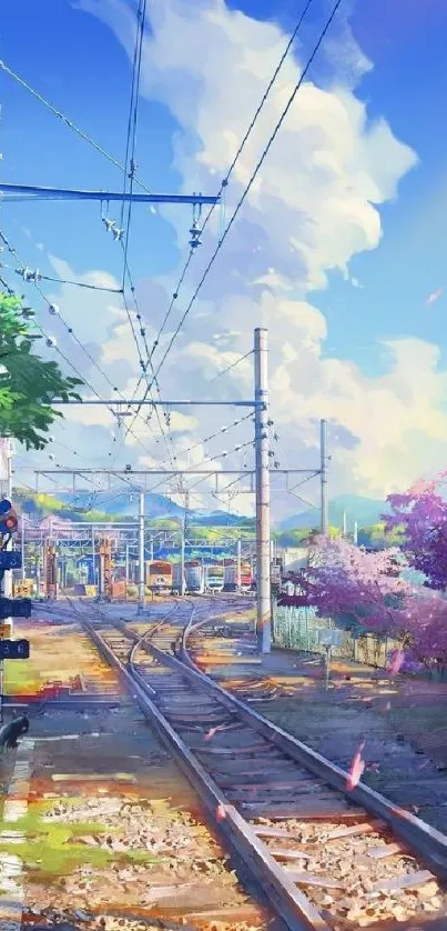 Serene railway with cherry blossoms and a vibrant sky, perfect for spring lovers.