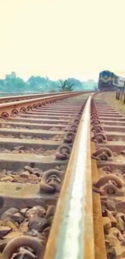 Scenic railway track with a distant train and clear sky.