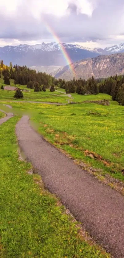 Mountain path with rainbow and green landscape wallpaper