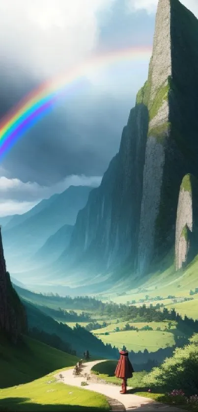 Vibrant rainbow over lush, green mountains.