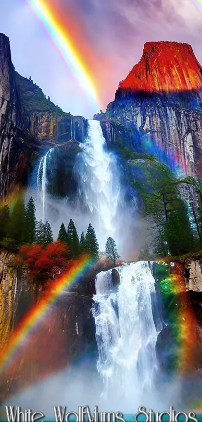 Majestic waterfall with vibrant rainbow arching across it.