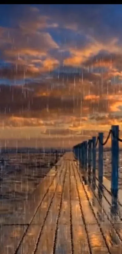 Serene pier at sunset with rain falling on ocean.