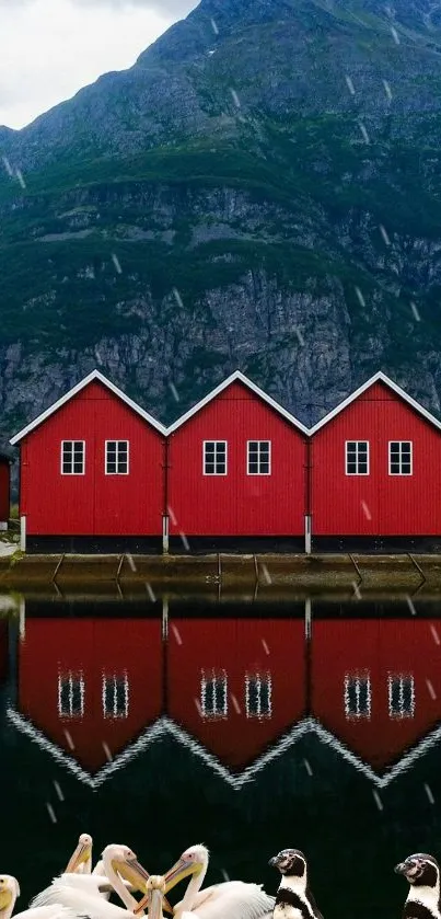 Red houses with mountain backdrop reflecting in water.