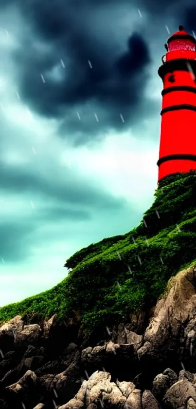 Vibrant red lighthouse on rocky coast under dramatic sky background.