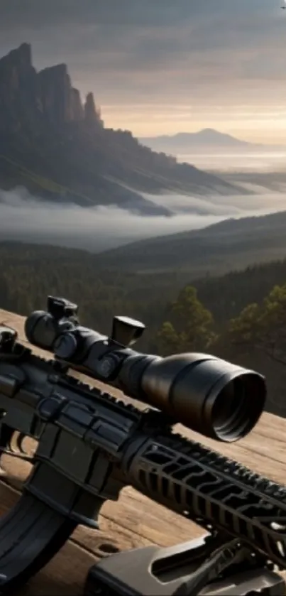 Rifle on wooden deck with mountain backdrop at sunset.